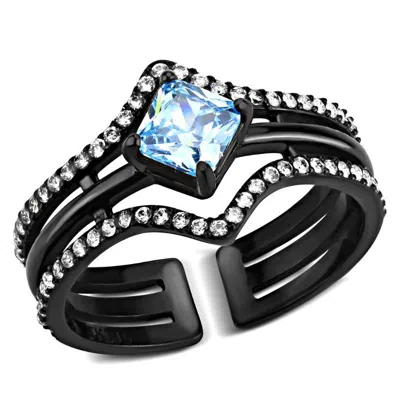 Fashnzfab Ip Black(ion Plating) Stainless Steel Ring With Aaa Grade Cz In Sea Blue In Purple