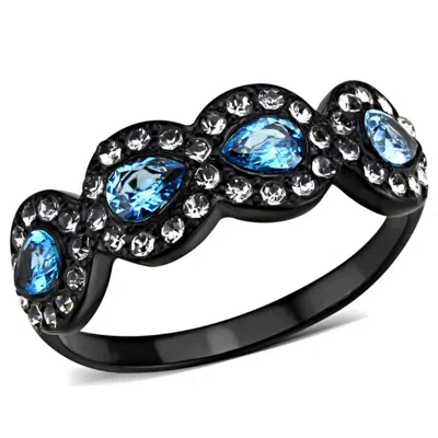 Fashnzfab Ip Black(ion Plating) Stainless Steel Ring With Aaa Grade Cz In Sea Blue In Multi
