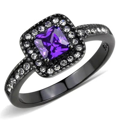 Fashnzfab Ip Black(ion Plating) Stainless Steel Ring With Aaa Grade Cz In Tanzanite In Multi