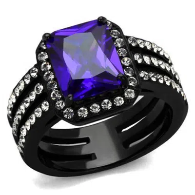 Fashnzfab Ip Black(ion Plating) Stainless Steel Ring With Aaa Grade Cz In Tanzanite In Pattern