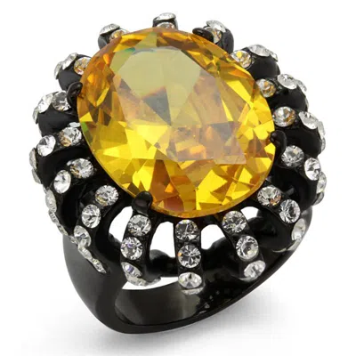 Fashnzfab Ip Black(ion Plating) Stainless Steel Ring With Aaa Grade Cz In Topaz