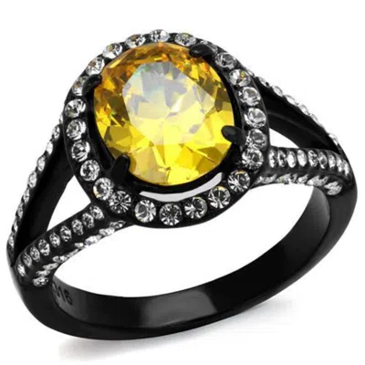 Fashnzfab Ip Black(ion Plating) Stainless Steel Ring With Aaa Grade Cz In Topaz