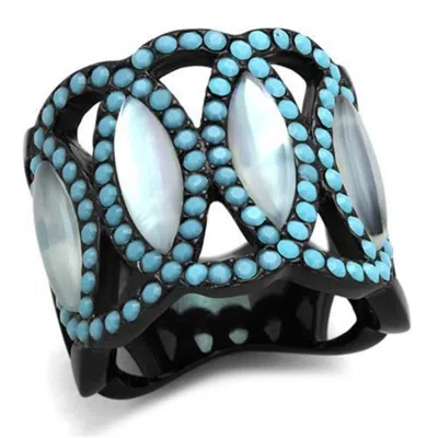 Fashnzfab Ip Black(ion Plating) Stainless Steel Ring With Precious Stone Conch In White In Blue