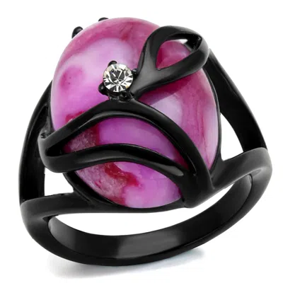 Fashnzfab Ip Black(ion Plating) Stainless Steel Ring With Synthetic Cat Eye In Fuchsia