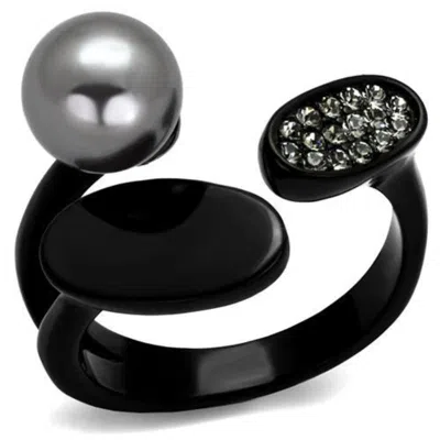 Fashnzfab Ip Black(ion Plating) Stainless Steel Ring With Synthetic Pearl In Gray