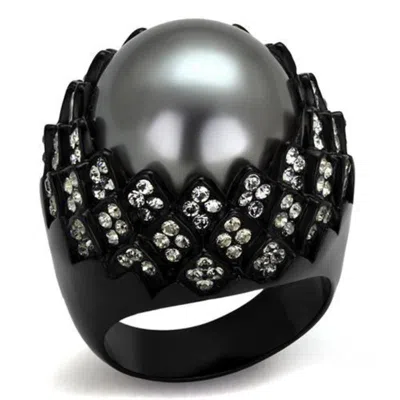 Fashnzfab Ip Black(ion Plating) Stainless Steel Ring With Synthetic Pearl In Gray