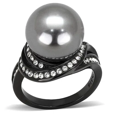 Fashnzfab Ip Black(ion Plating) Stainless Steel Ring With Synthetic Pearl In Gray In Multi