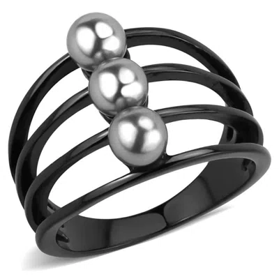 Fashnzfab Ip Black(ion Plating) Stainless Steel Ring With Synthetic Pearl In Gray In Multi