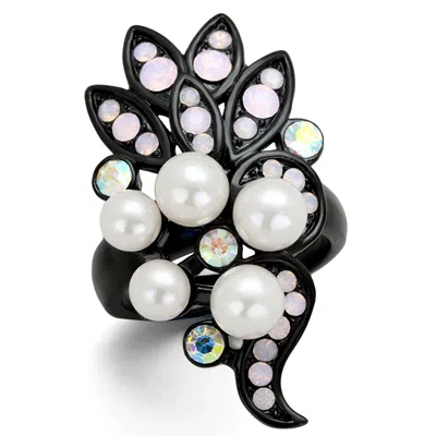 Fashnzfab Ip Black(ion Plating) Stainless Steel Ring With Synthetic Pearl In Light Rose
