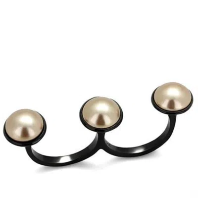 Fashnzfab Ip Black(ion Plating) Stainless Steel Ring With Synthetic Pearl In Metallic Light Gold