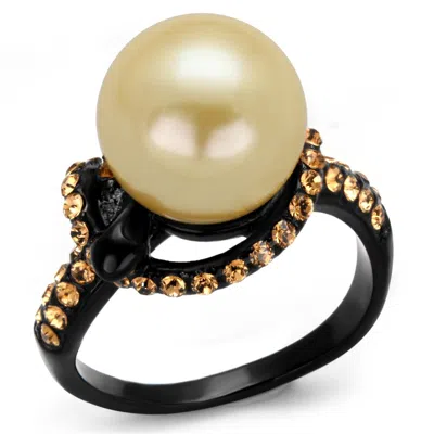 Fashnzfab Ip Black(ion Plating) Stainless Steel Ring With Synthetic Pearl In Topaz In Neutral