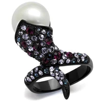 Fashnzfab Ip Black(ion Plating) Stainless Steel Ring With Synthetic Pearl In White In Orange