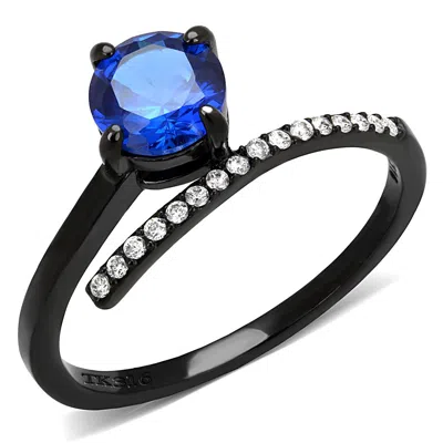 Fashnzfab Ip Black(ion Plating) Stainless Steel Ring With Synthetic Spinel In London Blue