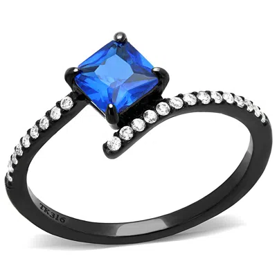 Fashnzfab Ip Black(ion Plating) Stainless Steel Ring With Synthetic Spinel In London Blue