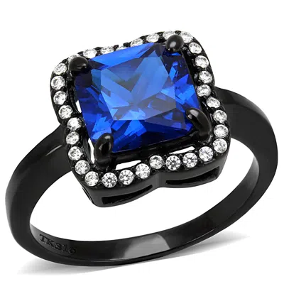 Fashnzfab Ip Black(ion Plating) Stainless Steel Ring With Synthetic Spinel In London Blue In Multi