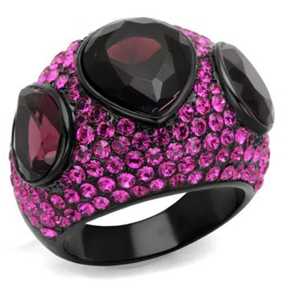 Fashnzfab Ip Black(ion Plating) Stainless Steel Ring With Synthetic Synthetic Glass In Amethyst In Purple