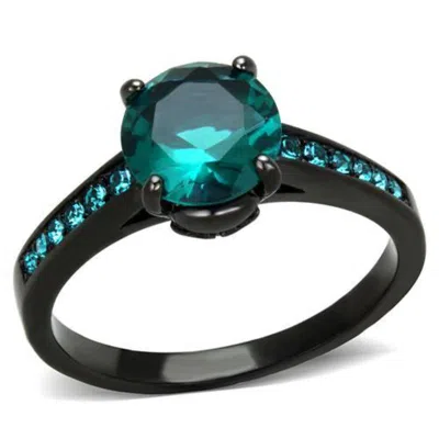 Fashnzfab Ip Black(ion Plating) Stainless Steel Ring With Synthetic Synthetic Glass In Blue Zircon