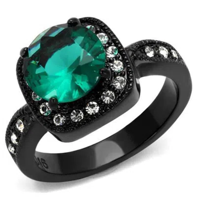 Fashnzfab Ip Black(ion Plating) Stainless Steel Ring With Synthetic Synthetic Glass In Blue Zircon