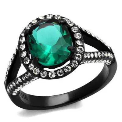 Fashnzfab Ip Black(ion Plating) Stainless Steel Ring With Synthetic Synthetic Glass In Blue Zircon In Neutral