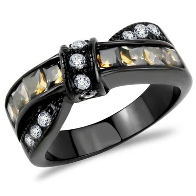 Fashnzfab Ip Black(ion Plating) Stainless Steel Ring With Synthetic Synthetic Glass In Brown In Multi