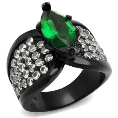 Fashnzfab Ip Black(ion Plating) Stainless Steel Ring With Synthetic Synthetic Glass In Emerald In Multi