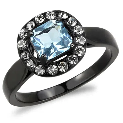 Fashnzfab Ip Black(ion Plating) Stainless Steel Ring With Synthetic Synthetic Glass In Sea Blue In Multi