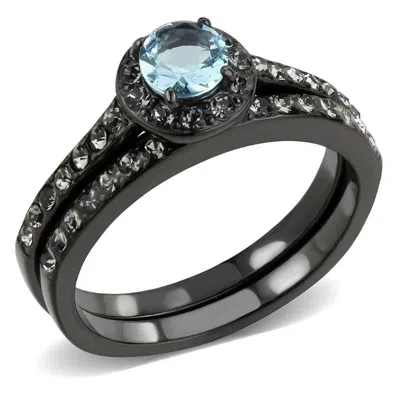 Fashnzfab Ip Black(ion Plating) Stainless Steel Ring With Synthetic Synthetic Glass In Sea Blue In Multi