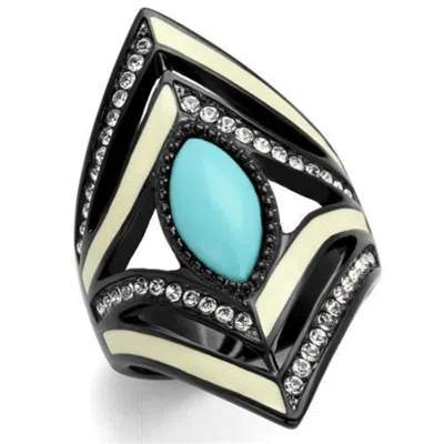 Fashnzfab Ip Black(ion Plating) Stainless Steel Ring With Synthetic Turquoise In Sea Blue