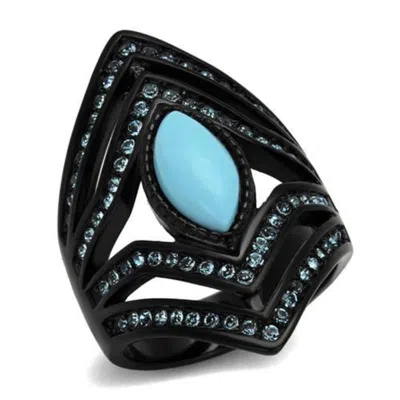 Fashnzfab Ip Black(ion Plating) Stainless Steel Ring With Synthetic Turquoise In Sea Blue In Pink