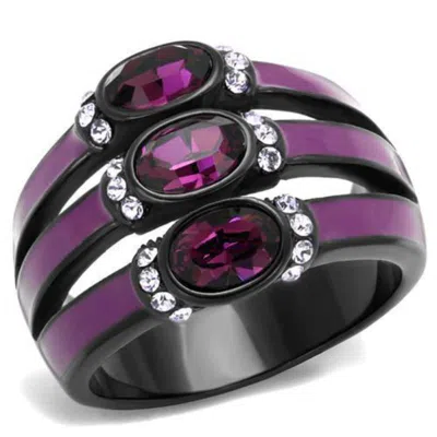 Fashnzfab Ip Black(ion Plating) Stainless Steel Ring With Top Grade Crystal In Amethyst In Metallic