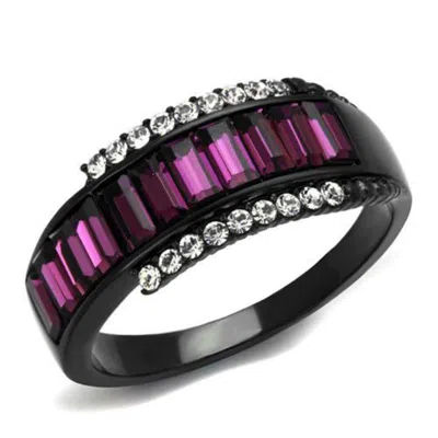 Fashnzfab Ip Black(ion Plating) Stainless Steel Ring With Top Grade Crystal In Amethyst In Multi