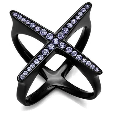 Fashnzfab Ip Black(ion Plating) Stainless Steel Ring With Top Grade Crystal In Amethyst In Multi