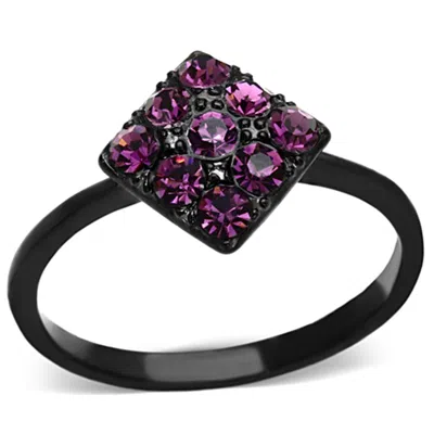 Fashnzfab Ip Black(ion Plating) Stainless Steel Ring With Top Grade Crystal In Amethyst In Purple