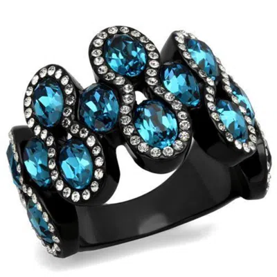 Fashnzfab Ip Black(ion Plating) Stainless Steel Ring With Top Grade Crystal In Aquamarine