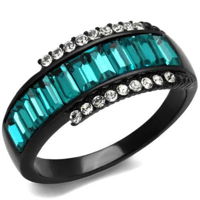 Fashnzfab Ip Black(ion Plating) Stainless Steel Ring With Top Grade Crystal In Blue Zircon