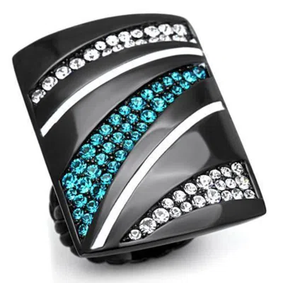 Fashnzfab Ip Black(ion Plating) Stainless Steel Ring With Top Grade Crystal In Blue Zircon In Multi