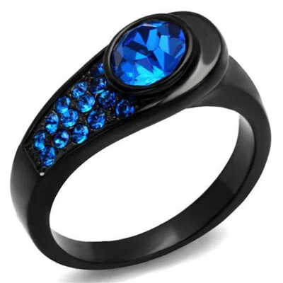 Fashnzfab Ip Black(ion Plating) Stainless Steel Ring With Top Grade Crystal In Capri Blue In Metallic