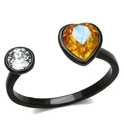 Fashnzfab Ip Black(ion Plating) Stainless Steel Ring With Top Grade Crystal In Champagne