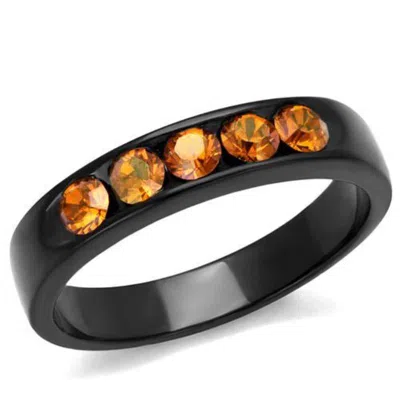 Fashnzfab Ip Black(ion Plating) Stainless Steel Ring With Top Grade Crystal In Champagne In Pink