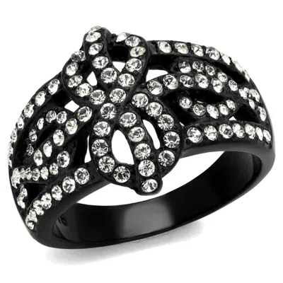 Fashnzfab Ip Black(ion Plating) Stainless Steel Ring With Top Grade Crystal In Clear