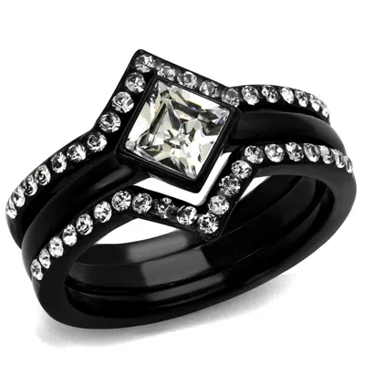 Fashnzfab Ip Black(ion Plating) Stainless Steel Ring With Top Grade Crystal In Clear