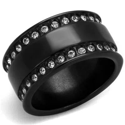 Fashnzfab Ip Black(ion Plating) Stainless Steel Ring With Top Grade Crystal In Clear