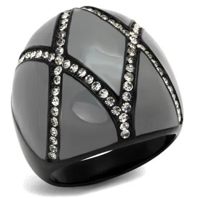 Fashnzfab Ip Black(ion Plating) Stainless Steel Ring With Top Grade Crystal In Clear In Metallic