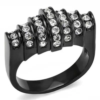 Fashnzfab Ip Black(ion Plating) Stainless Steel Ring With Top Grade Crystal In Clear In Multi