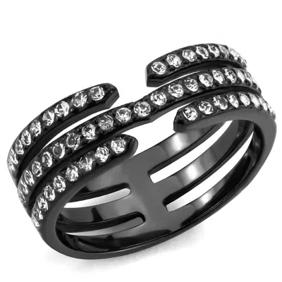 Fashnzfab Ip Black(ion Plating) Stainless Steel Ring With Top Grade Crystal In Clear In Multi