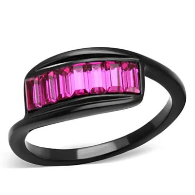 Fashnzfab Ip Black(ion Plating) Stainless Steel Ring With Top Grade Crystal In Fuchsia In Gray