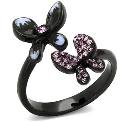 Fashnzfab Ip Black(ion Plating) Stainless Steel Ring With Top Grade Crystal In Light Amethyst