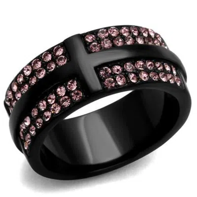 Fashnzfab Ip Black(ion Plating) Stainless Steel Ring With Top Grade Crystal In Light Amethyst In Multi
