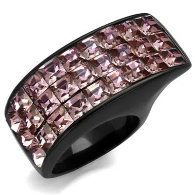 Fashnzfab Ip Black(ion Plating) Stainless Steel Ring With Top Grade Crystal In Light Rose
