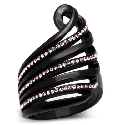 Fashnzfab Ip Black(ion Plating) Stainless Steel Ring With Top Grade Crystal In Light Rose